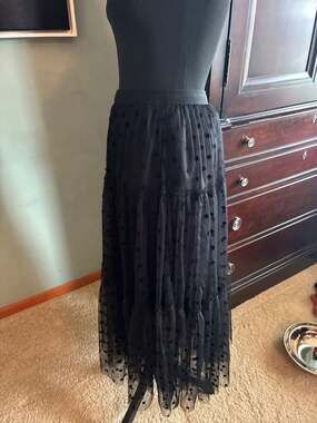 Amber Sky Black Tiered Mesh Midi Skirt with Polka Dot Pattern Sz M A664